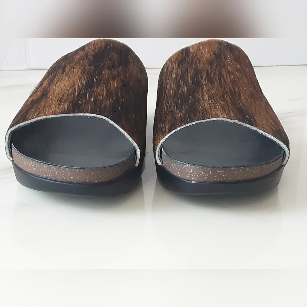 Agave Sky Tan | Black Cow Hide Wedge Comfort Slide Sandals Sz 8 - NWOT